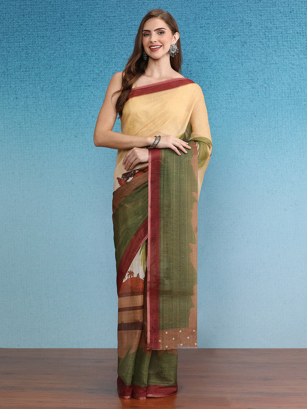 Multicolor Silk Cotton Digital Print Floral Saree with Unstitched Blouse - Hiral Fashion | Swadesiicart