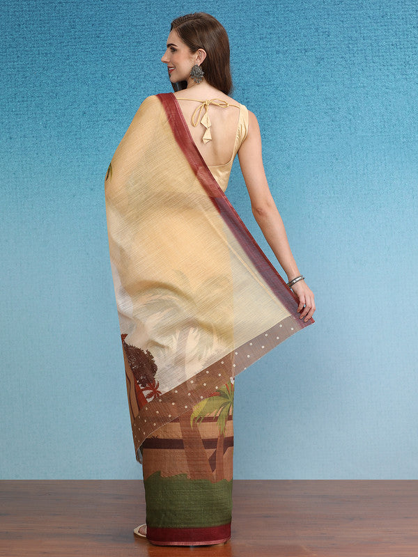 Multicolor Silk Cotton Digital Print Floral Saree with Unstitched Blouse - Hiral Fashion | Swadesiicart