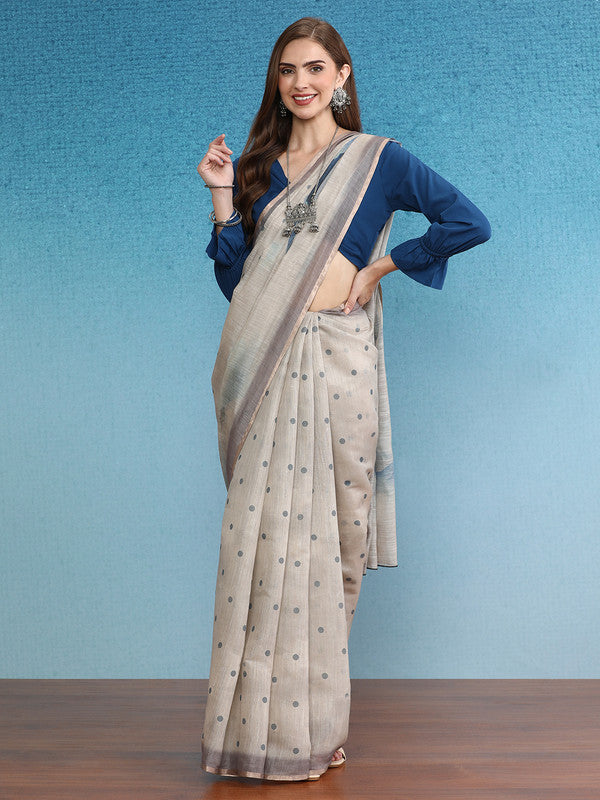 Beige Silk Cotton Digital Print Polka Dots Saree with Unstitched Blouse - Hiral Fashion | Swadesiicart