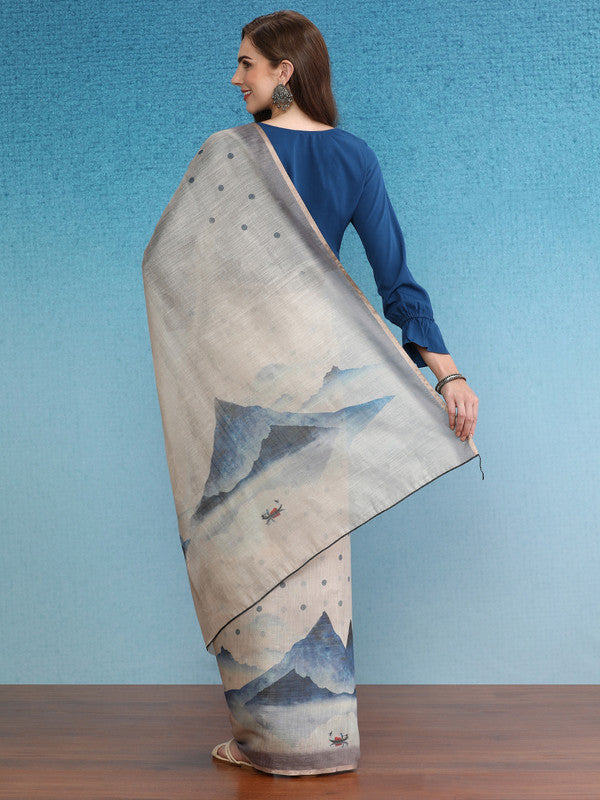 Beige Silk Cotton Digital Print Polka Dots Saree with Unstitched Blouse - Hiral Fashion | Swadesiicart