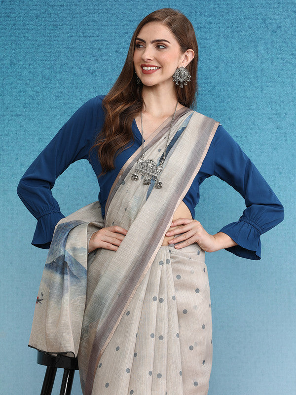 Beige Silk Cotton Digital Print Polka Dots Saree with Unstitched Blouse - Hiral Fashion | Swadesiicart