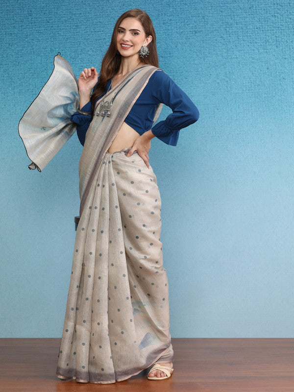 Beige Silk Cotton Digital Print Polka Dots Saree with Unstitched Blouse - Hiral Fashion | Swadesiicart