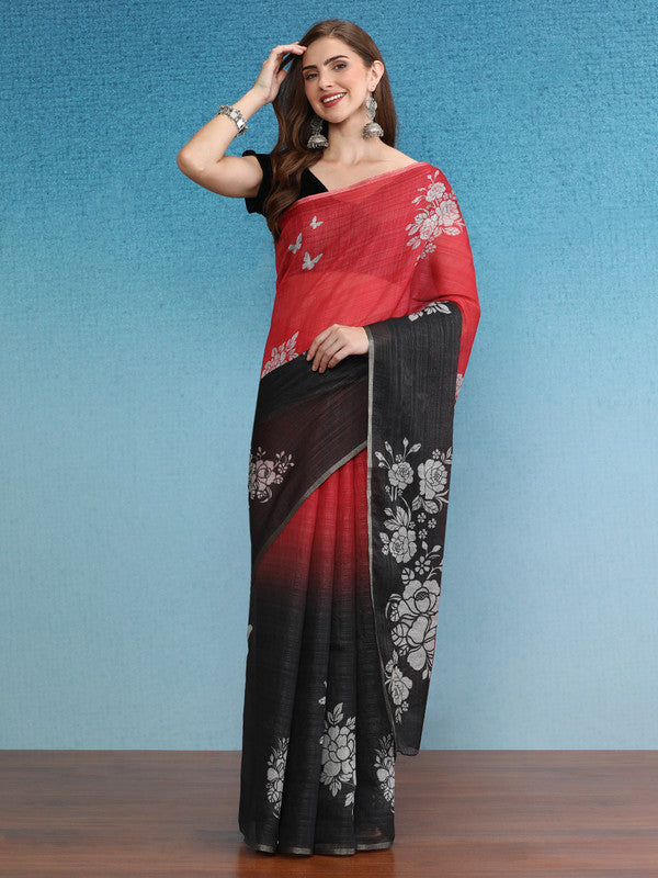 Black Silk Cotton Digital Print Floral Saree with Unstitched Blouse - Hiral Fashion | Swadesiicart
