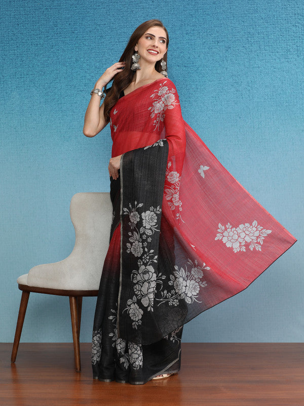 Black Silk Cotton Digital Print Floral Saree with Unstitched Blouse - Hiral Fashion | Swadesiicart