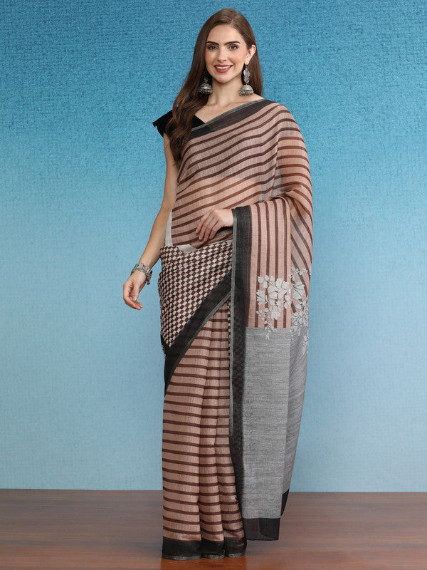 Brown Silk Cotton Digital Print Striped Saree with Unstitched Blouse - Hiral Fashion | Swadesiicart