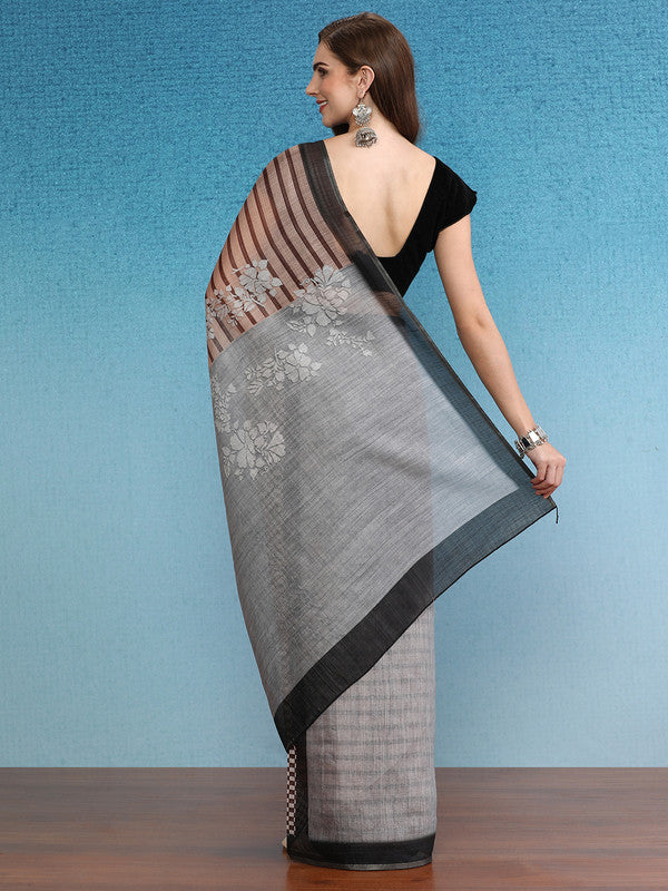 Brown Silk Cotton Digital Print Striped Saree with Unstitched Blouse - Hiral Fashion | Swadesiicart