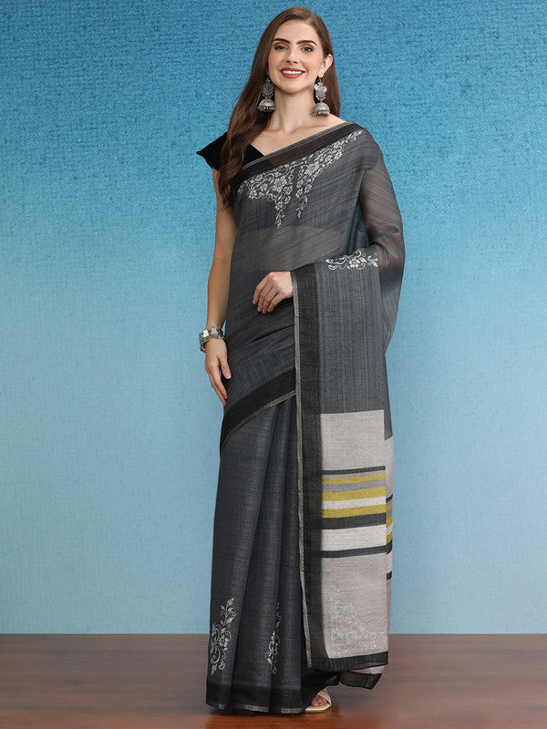 Gray Silk Cotton Digital Print Floral Saree with Unstitched Blouse - Hiral Fashion | Swadesiicart