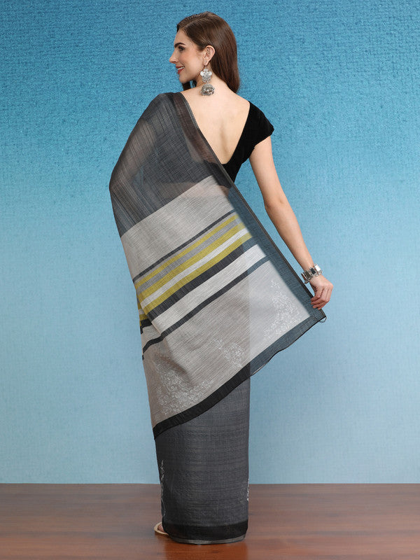 Gray Silk Cotton Digital Print Floral Saree with Unstitched Blouse - Hiral Fashion | Swadesiicart