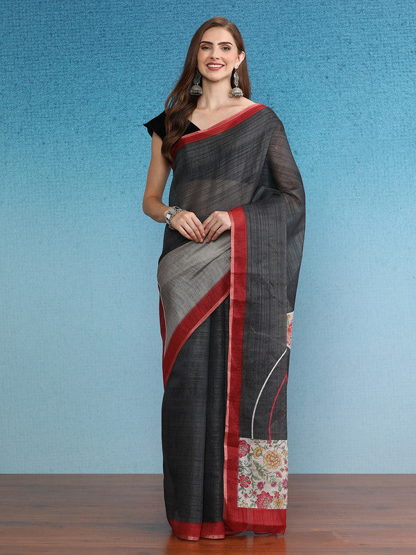 Gray Silk Cotton Digital Print Solid Saree with Unstitched Blouse - Hiral Fashion | Swadesiicart