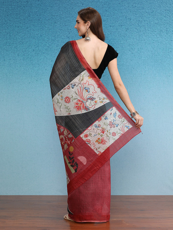 Gray Silk Cotton Digital Print Solid Saree with Unstitched Blouse - Hiral Fashion | Swadesiicart