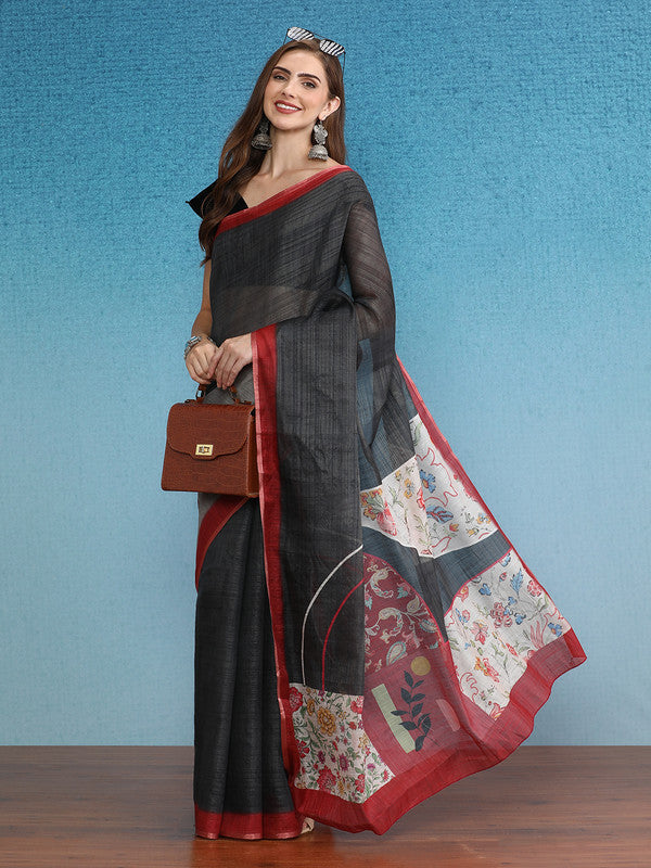 Gray Silk Cotton Digital Print Solid Saree with Unstitched Blouse - Hiral Fashion | Swadesiicart