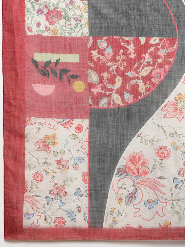 Gray Silk Cotton Digital Print Solid Saree with Unstitched Blouse - Hiral Fashion | Swadesiicart