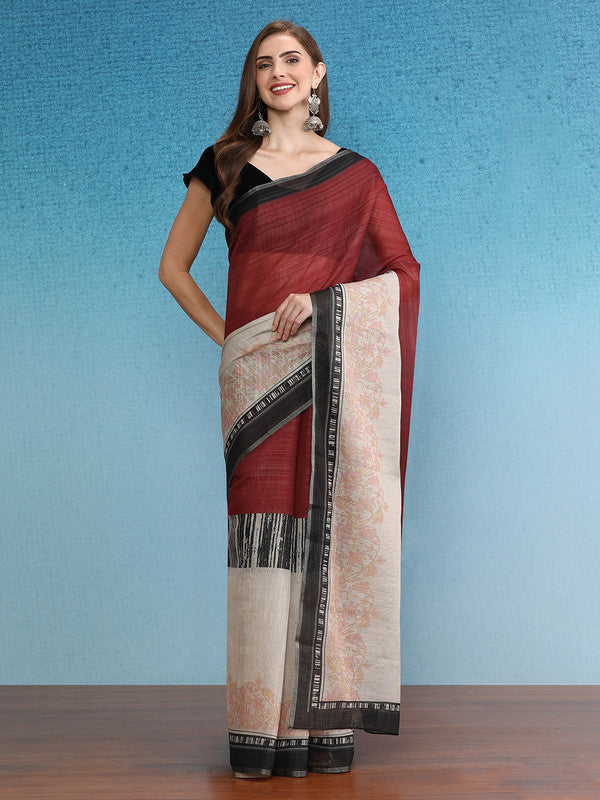 Maroon Silk Cotton Digital Print Solid Saree with Unstitched Blouse - Hiral Fashion | Swadesiicart