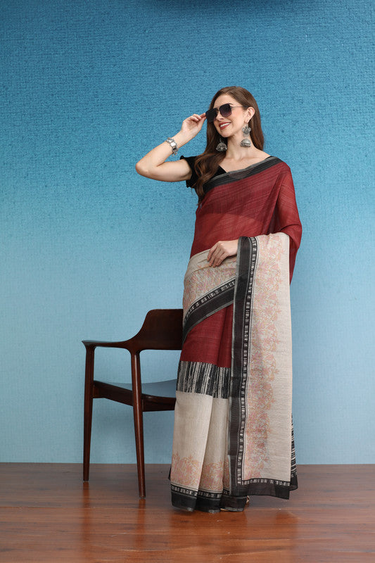 Maroon Silk Cotton Digital Print Solid Saree with Unstitched Blouse - Hiral Fashion | Swadesiicart