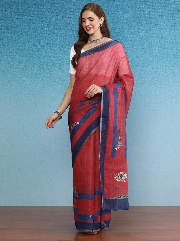 Red Silk Cotton Digital Print Solid Saree with Unstitched Blouse - Hiral Fashion | Swadesiicart