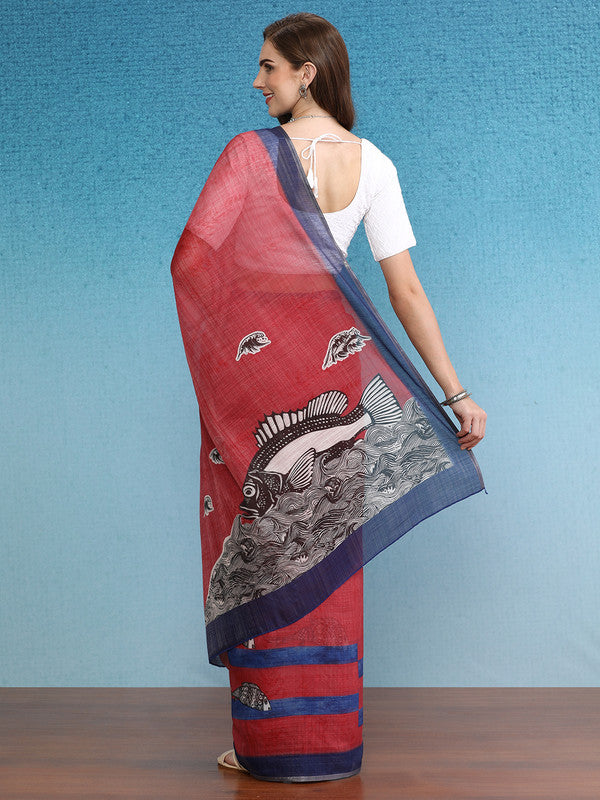 Red Silk Cotton Digital Print Solid Saree with Unstitched Blouse - Hiral Fashion | Swadesiicart