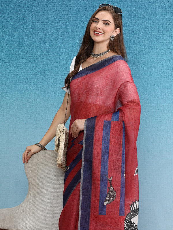 Red Silk Cotton Digital Print Solid Saree with Unstitched Blouse - Hiral Fashion | Swadesiicart