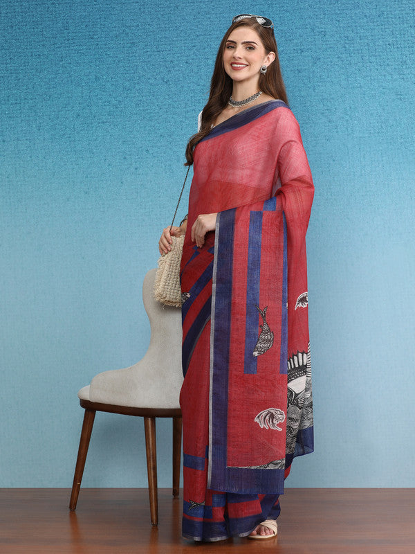 Red Silk Cotton Digital Print Solid Saree with Unstitched Blouse - Hiral Fashion | Swadesiicart