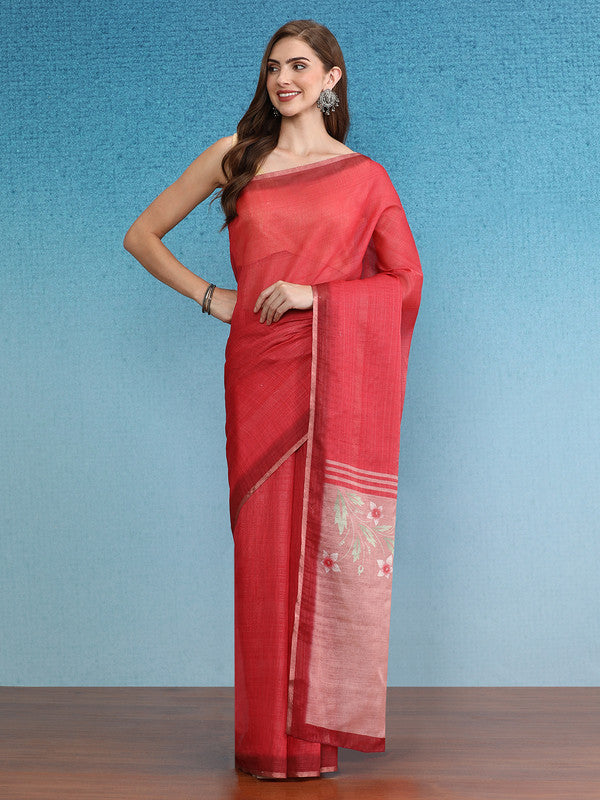 Red Silk Cotton Digital Print Solid Saree with Unstitched Blouse - Hiral Fashion | Swadesiicart