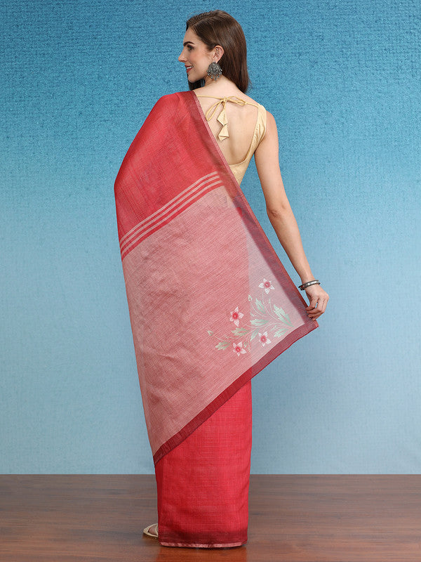 Red Silk Cotton Digital Print Solid Saree with Unstitched Blouse - Hiral Fashion | Swadesiicart