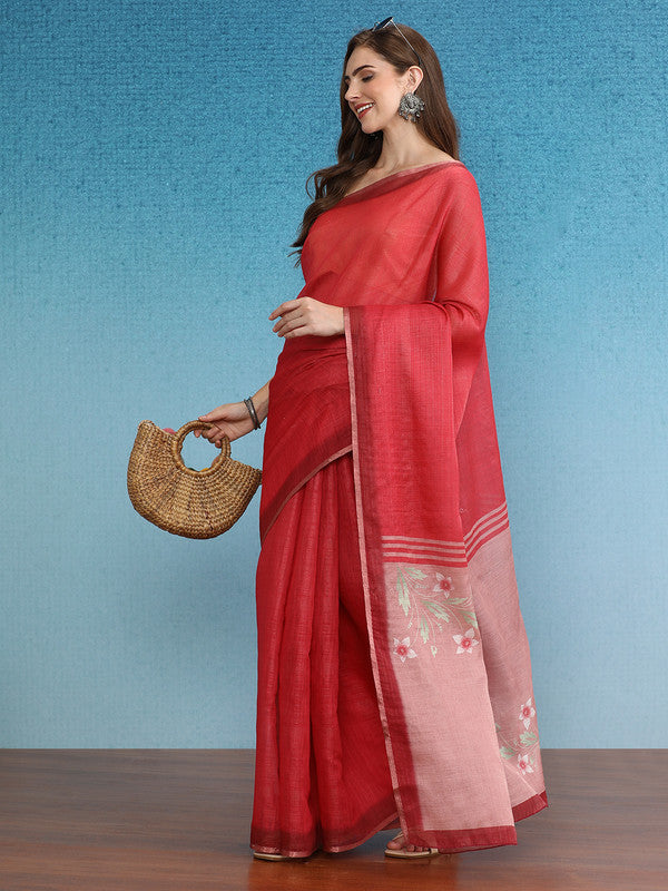 Red Silk Cotton Digital Print Solid Saree with Unstitched Blouse - Hiral Fashion | Swadesiicart