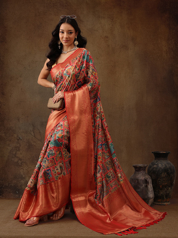 Multicolor Kanjeevaram Silk Digital Print Kalamkari Saree with Unstitched Blouse - Hiral Fashion | Swadesiicart