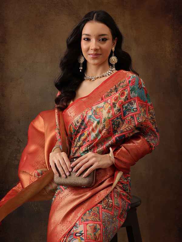 Multicolor Kanjeevaram Silk Digital Print Kalamkari Saree with Unstitched Blouse - Hiral Fashion | Swadesiicart