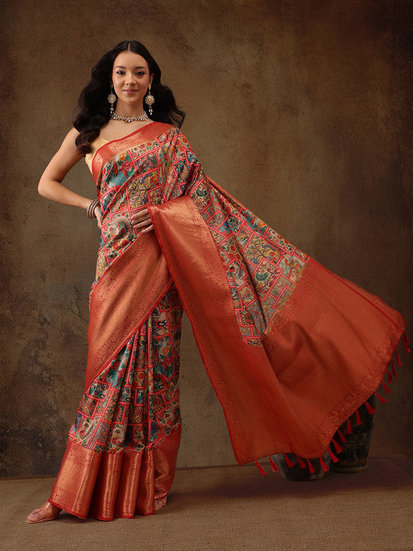 Multicolor Kanjeevaram Silk Digital Print Kalamkari Saree with Unstitched Blouse - Hiral Fashion | Swadesiicart