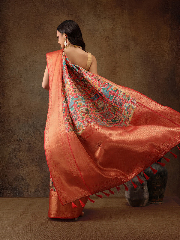 Multicolor Kanjeevaram Silk Digital Print Kalamkari Saree with Unstitched Blouse - Hiral Fashion | Swadesiicart