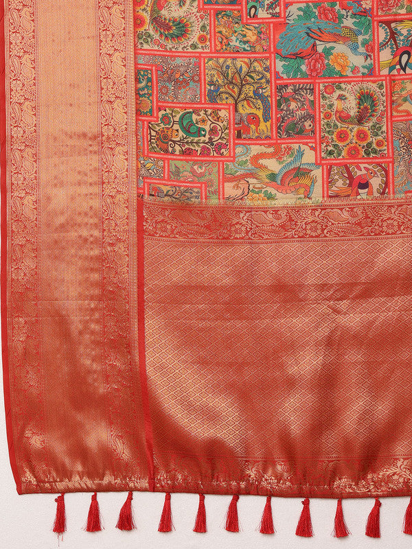 Multicolor Kanjeevaram Silk Digital Print Kalamkari Saree with Unstitched Blouse - Hiral Fashion | Swadesiicart