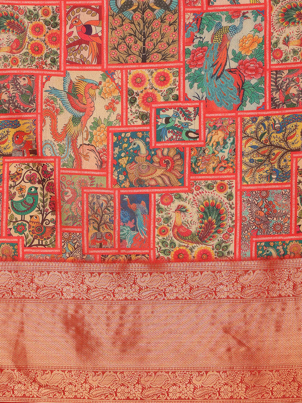 Multicolor Kanjeevaram Silk Digital Print Kalamkari Saree with Unstitched Blouse - Hiral Fashion | Swadesiicart