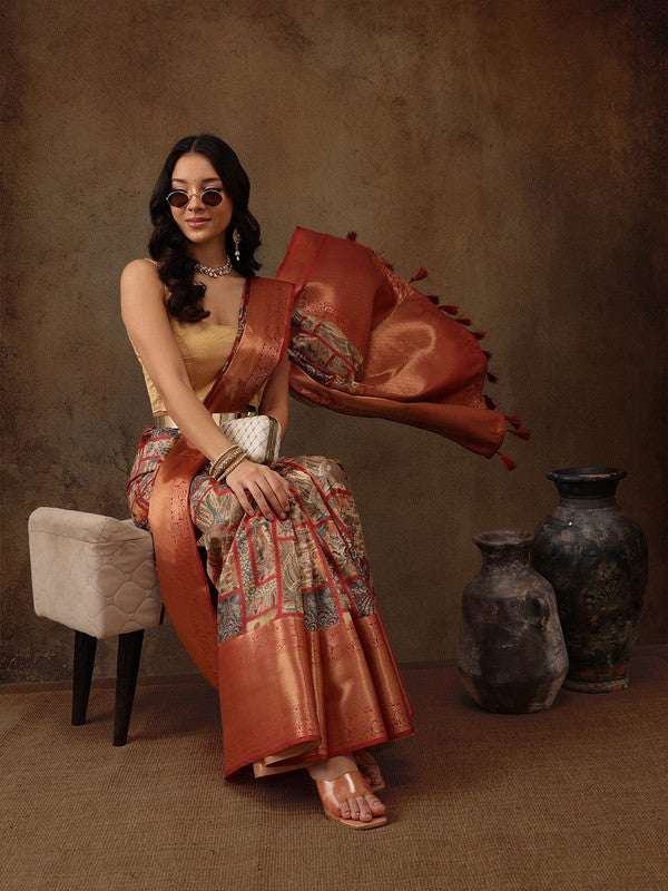 Multicolor Kanjeevaram Silk Digital Print Kalamkari Saree with Unstitched Blouse - Hiral Fashion | Swadesiicart