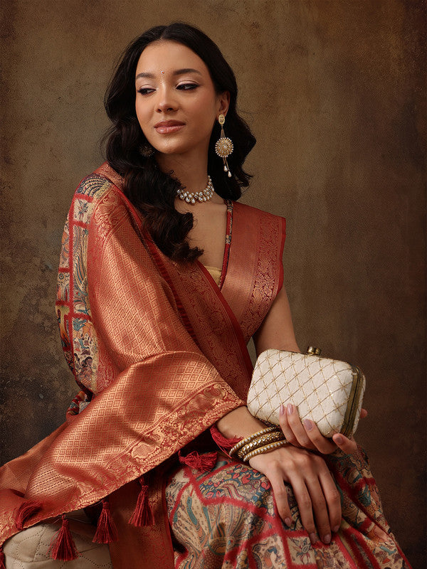 Multicolor Kanjeevaram Silk Digital Print Kalamkari Saree with Unstitched Blouse - Hiral Fashion | Swadesiicart