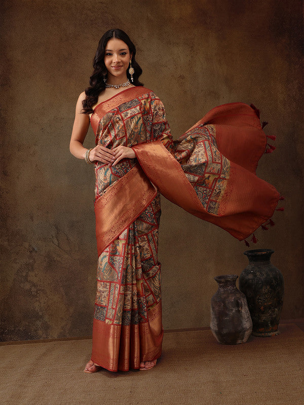Multicolor Kanjeevaram Silk Digital Print Kalamkari Saree with Unstitched Blouse - Hiral Fashion | Swadesiicart