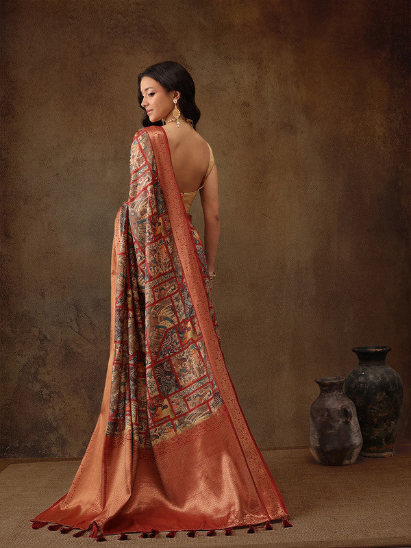 Multicolor Kanjeevaram Silk Digital Print Kalamkari Saree with Unstitched Blouse - Hiral Fashion | Swadesiicart