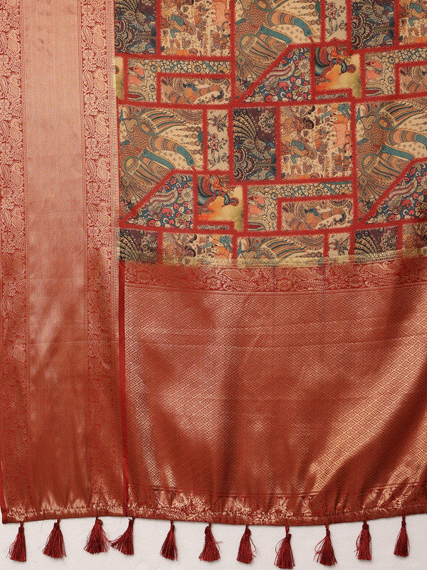 Multicolor Kanjeevaram Silk Digital Print Kalamkari Saree with Unstitched Blouse - Hiral Fashion | Swadesiicart
