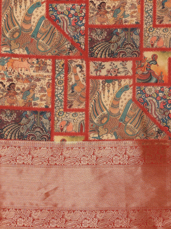 Multicolor Kanjeevaram Silk Digital Print Kalamkari Saree with Unstitched Blouse - Hiral Fashion | Swadesiicart