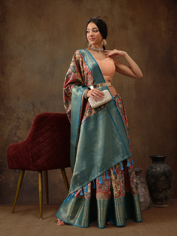 Multicolor Kanjeevaram Silk Digital Print Kalamkari Saree with Unstitched Blouse - Hiral Fashion | Swadesiicart