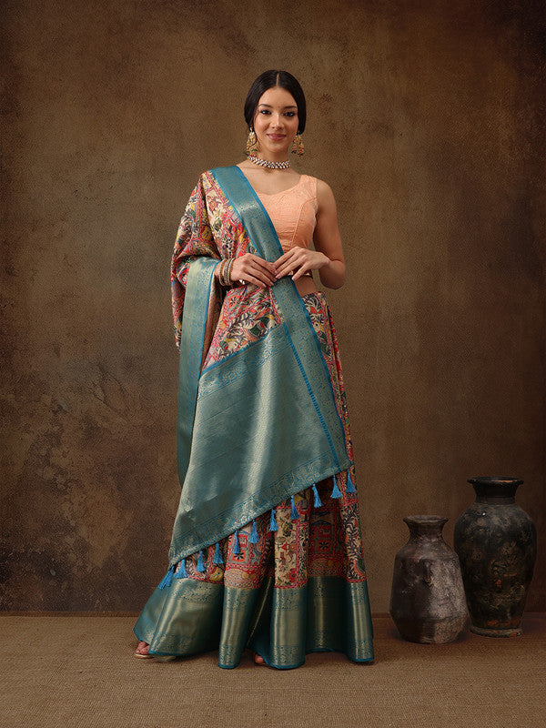 Multicolor Kanjeevaram Silk Digital Print Kalamkari Saree with Unstitched Blouse - Hiral Fashion | Swadesiicart