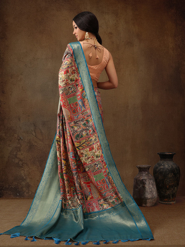 Multicolor Kanjeevaram Silk Digital Print Kalamkari Saree with Unstitched Blouse - Hiral Fashion | Swadesiicart