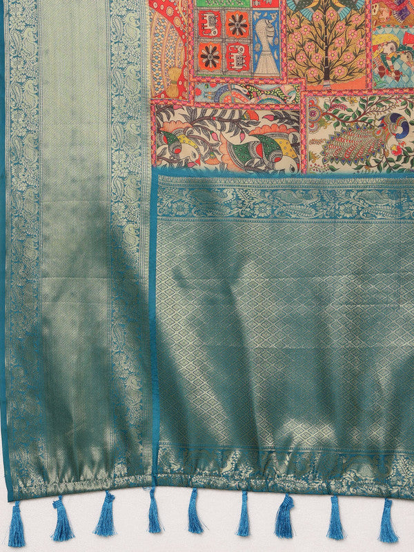Multicolor Kanjeevaram Silk Digital Print Kalamkari Saree with Unstitched Blouse - Hiral Fashion | Swadesiicart