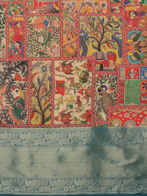 Multicolor Kanjeevaram Silk Digital Print Kalamkari Saree with Unstitched Blouse - Hiral Fashion | Swadesiicart