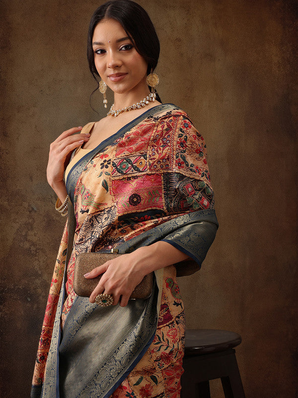 Multicolor Kanjeevaram Silk Digital Print Kalamkari Saree with Unstitched Blouse - Hiral Fashion | Swadesiicart