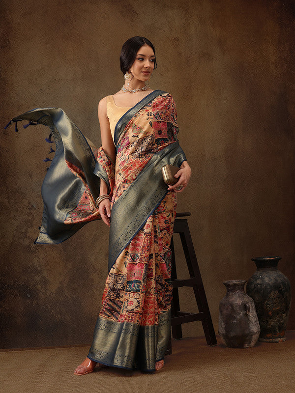 Multicolor Kanjeevaram Silk Digital Print Kalamkari Saree with Unstitched Blouse - Hiral Fashion | Swadesiicart