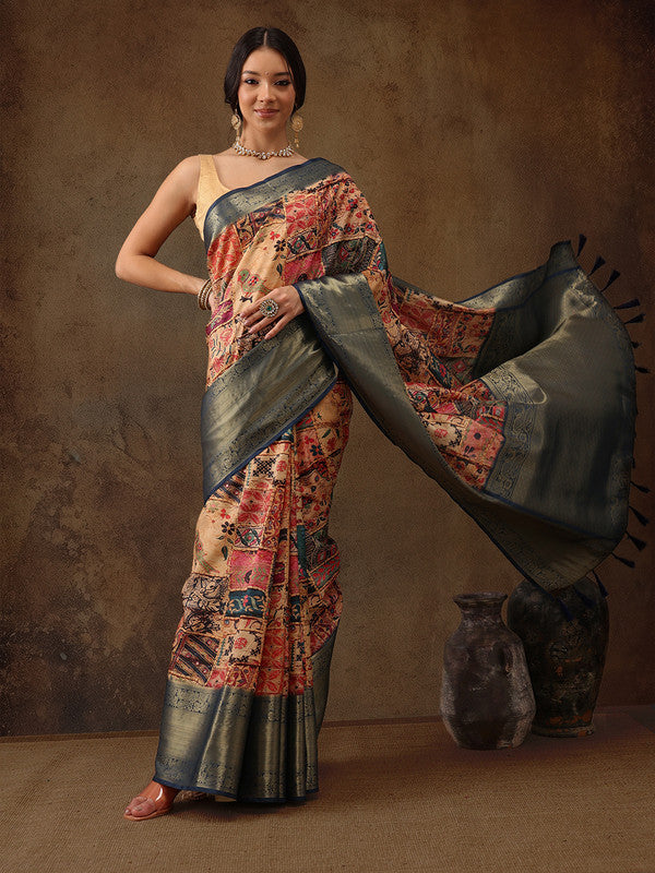 Multicolor Kanjeevaram Silk Digital Print Kalamkari Saree with Unstitched Blouse - Hiral Fashion | Swadesiicart