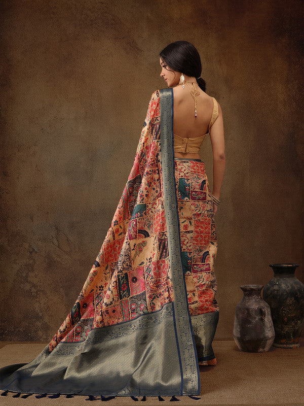 Multicolor Kanjeevaram Silk Digital Print Kalamkari Saree with Unstitched Blouse - Hiral Fashion | Swadesiicart