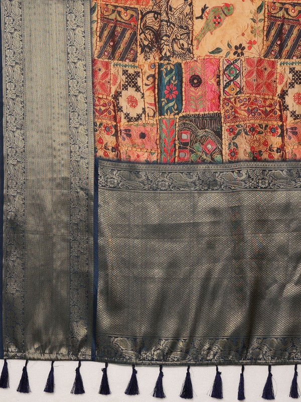 Multicolor Kanjeevaram Silk Digital Print Kalamkari Saree with Unstitched Blouse - Hiral Fashion | Swadesiicart