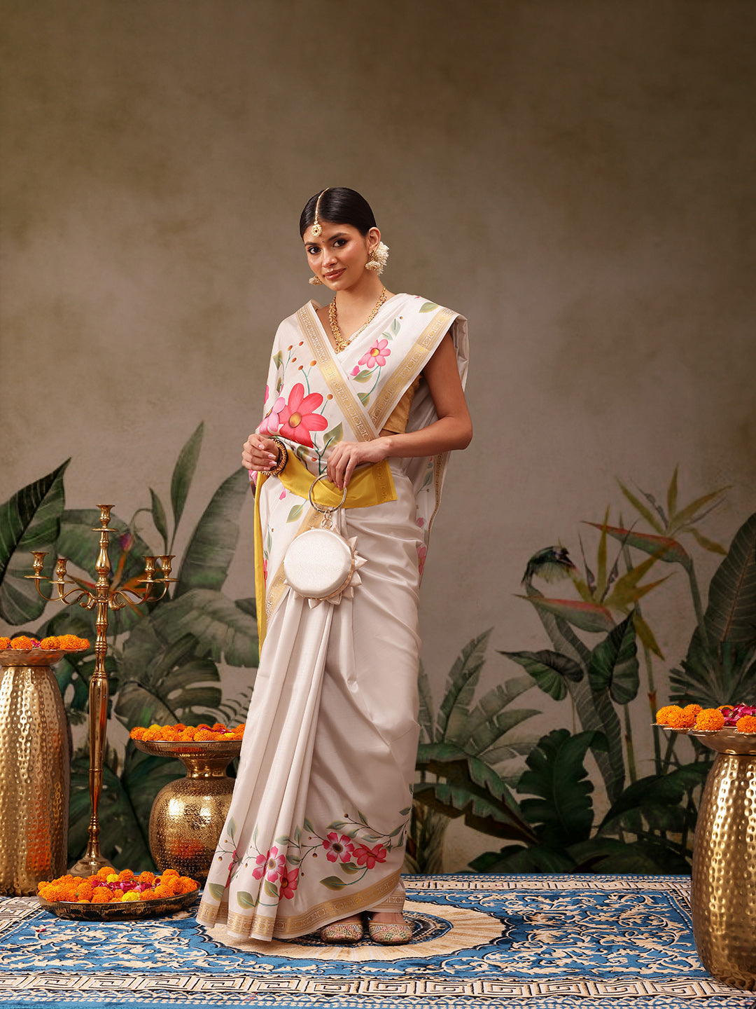 Hiral Fashion Off White Onam Art Silk Floral Digital Print Saree | Swadesiicart