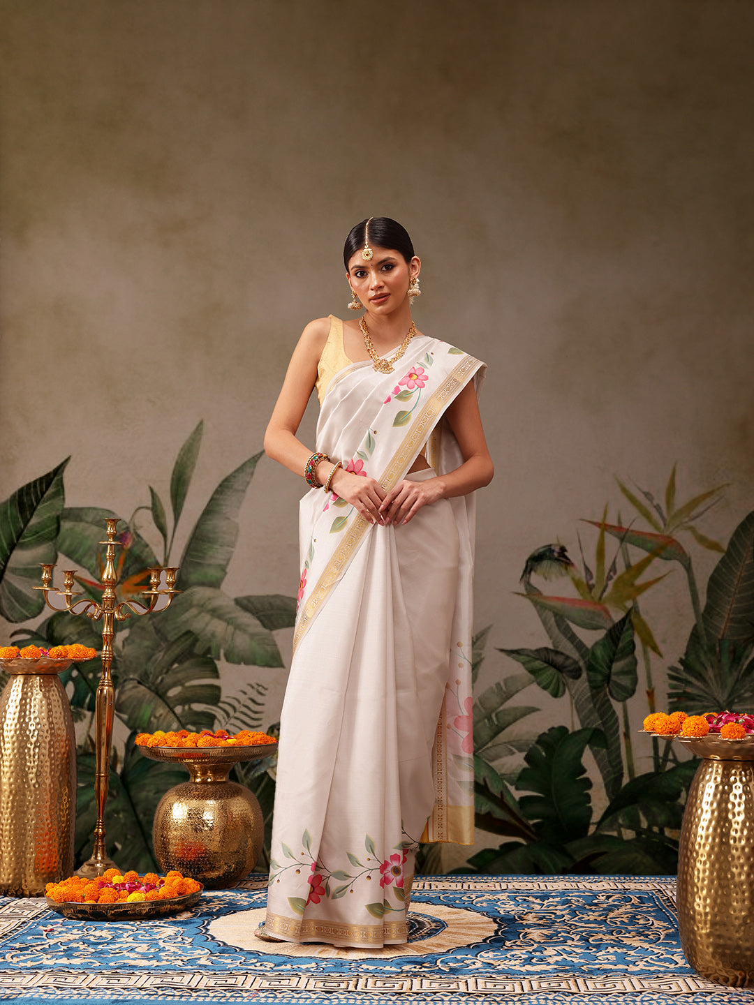 Hiral Fashion Off White Onam Art Silk Floral Digital Print Saree | Swadesiicart