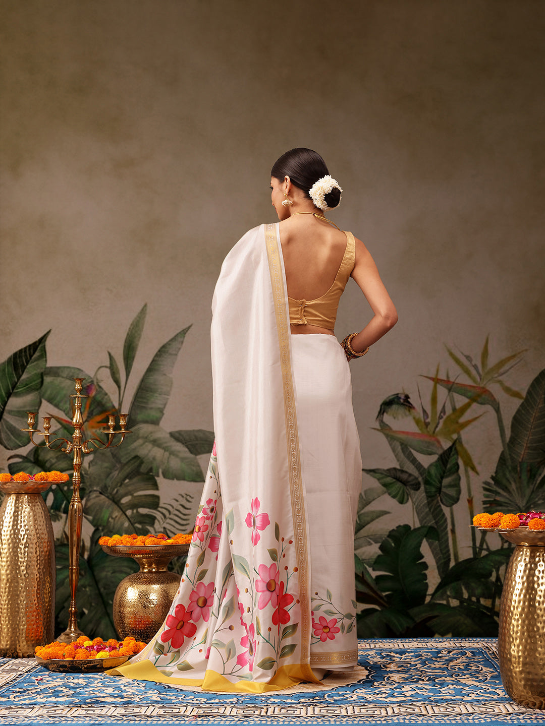 Hiral Fashion Off White Onam Art Silk Floral Digital Print Saree | Swadesiicart
